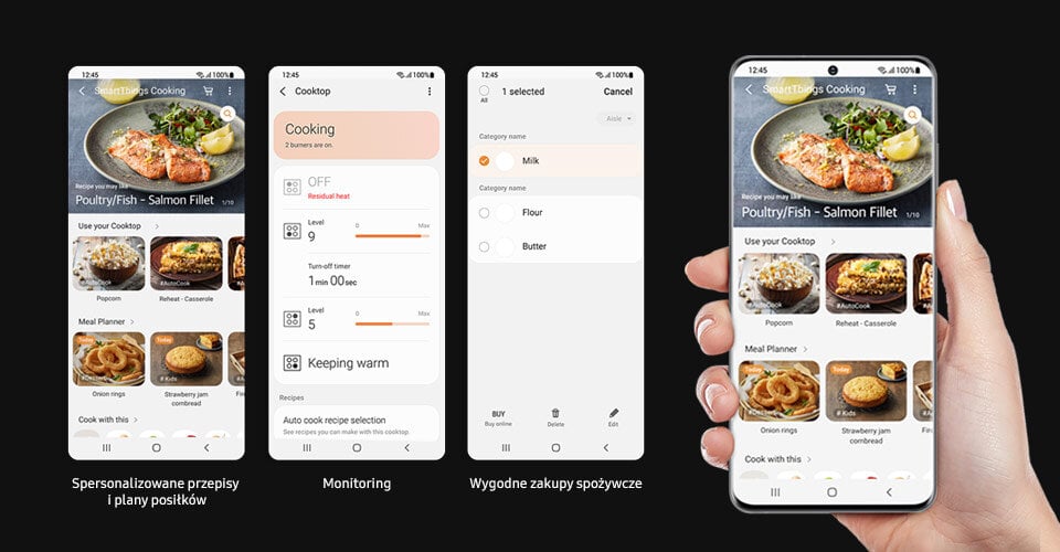 Na zrzucie ekranu z aplikacji SmartThings pokazano funkcjonalności obejmujące przepisy, porady kulinarne i listy zakupów