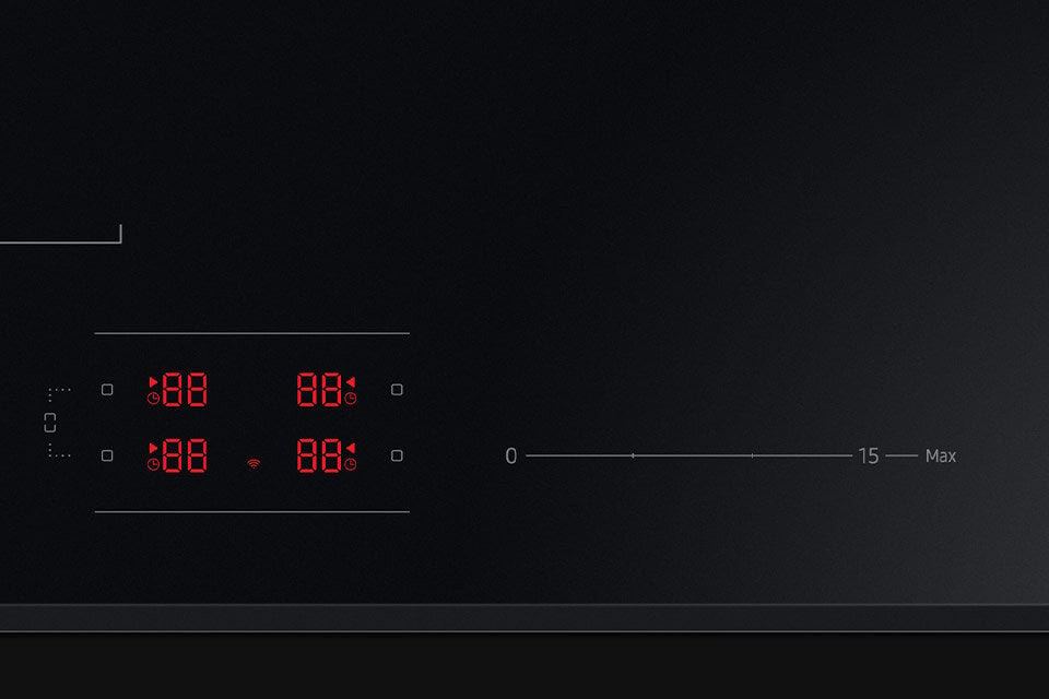 Intuicyjny panel sterowania z czerwonymi ikonami LED ułatwia wygodne sterowanie pracą płyty indukcyjnej Samsung