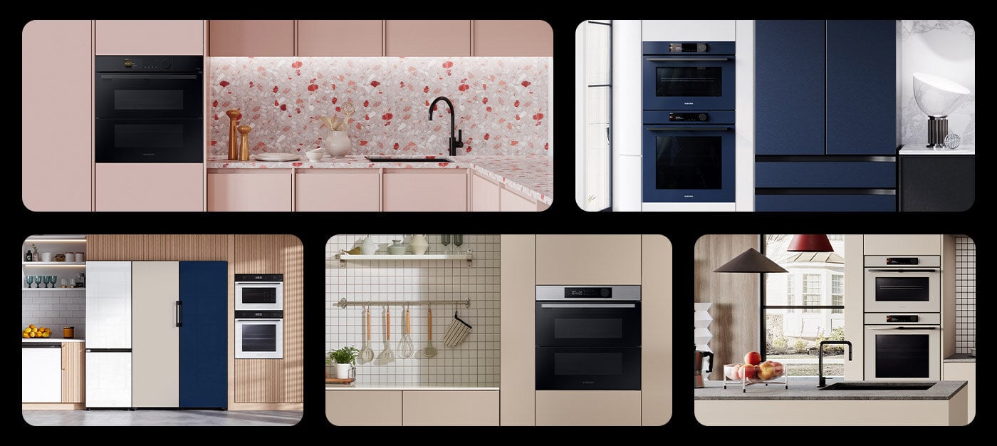 Kolaż fotografii kuchennych wnętrz, w których wyposażenie AGD stanowią urządzenia Samsung Bespoke dostępne w Media Expert