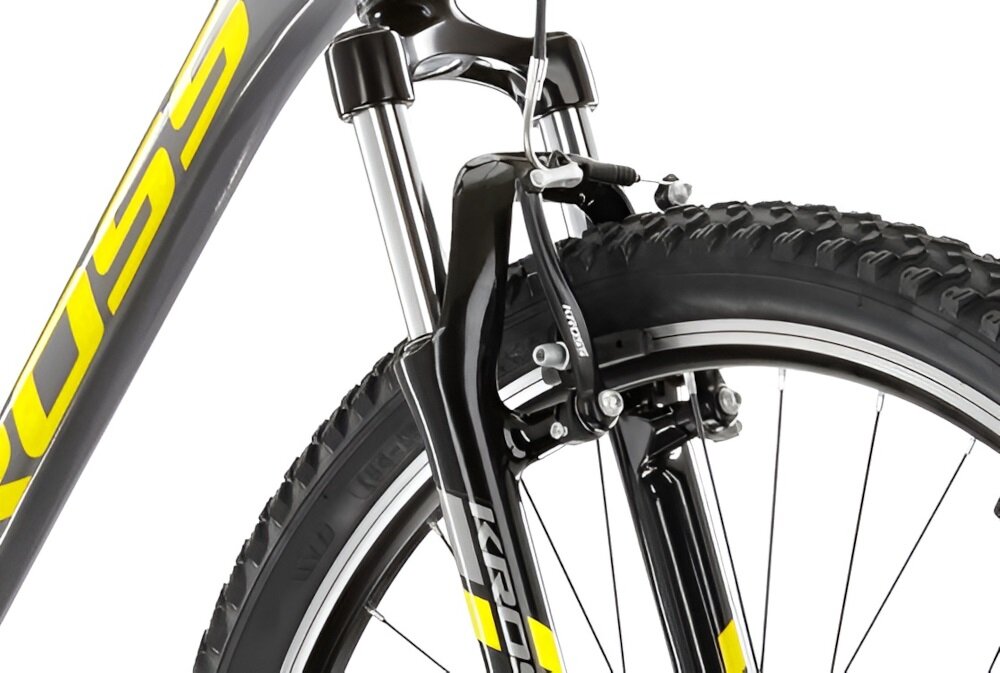Rower górski MTB KROSS Hexagon 2.0 M17 27,5 cali męski Grafitowo-żółty rower typu hardtail przedni amortyzator KROSS 80 mm niweluje wstrzasy do jazdy na nierownej wyboistej nawierzchni