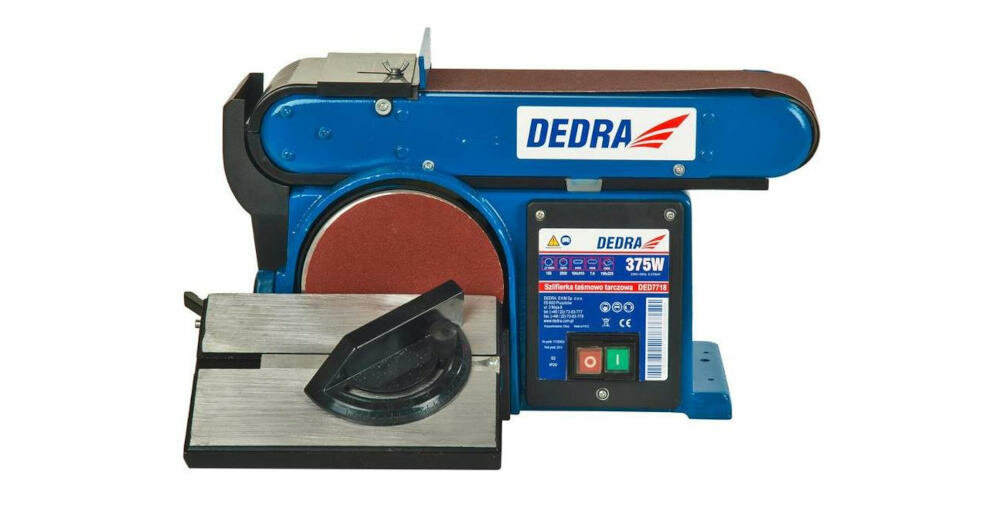 DEDRA-DED7718 szlifierka tarczowo taśmowa szlifowanie drewno materiały drewnopochodne sklejka płyty wiórowe tworzywa sztuczne odprowadzanie trociny urobek wzdłuż w poprzek skos