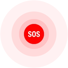 Czerwony okrąg zawierający skrót SOS, symbolizujący funkcję Alarmowe SOS
