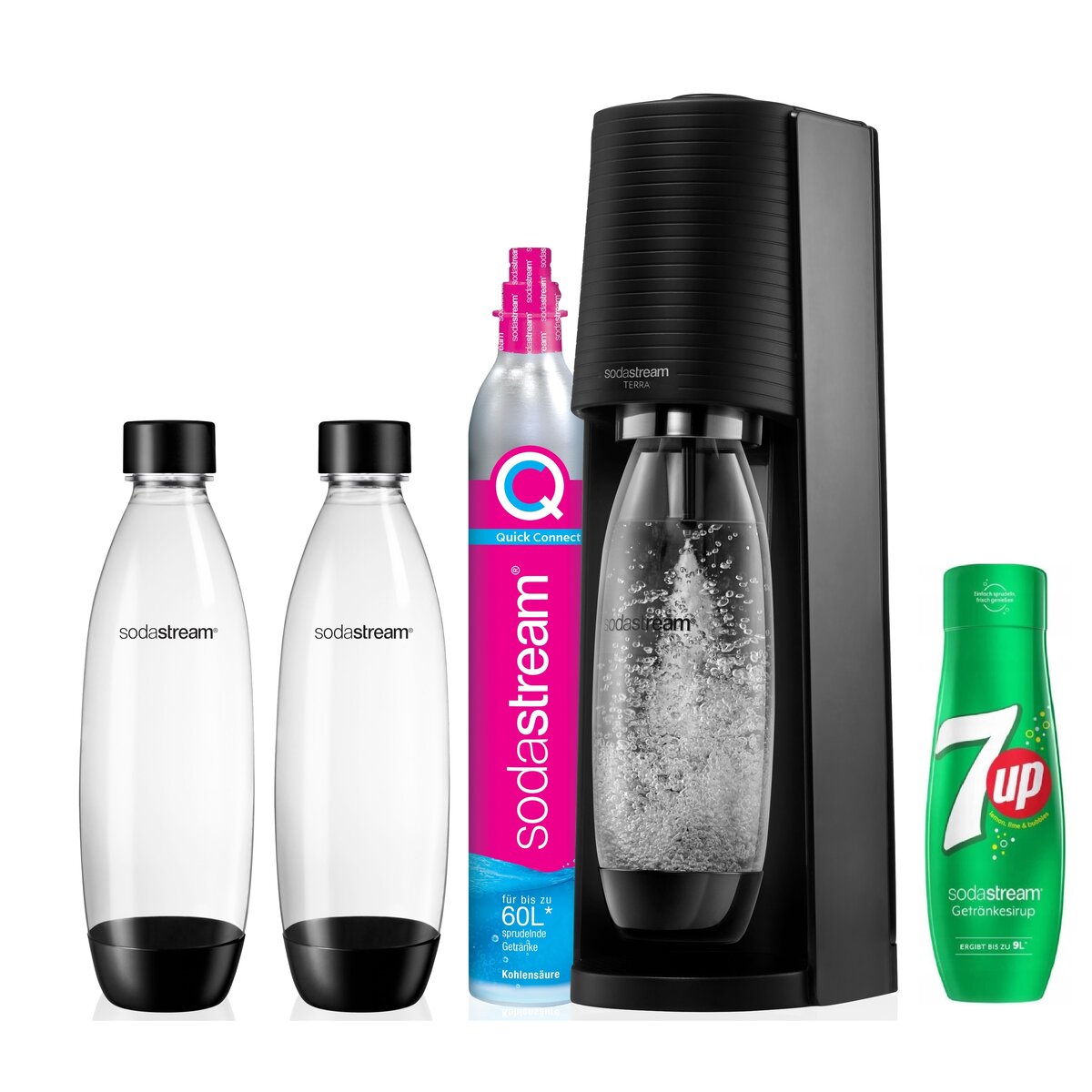 Saturator SODASTREAM Terra Czarny + 2 butelki + Syrop 7UP 440 ml