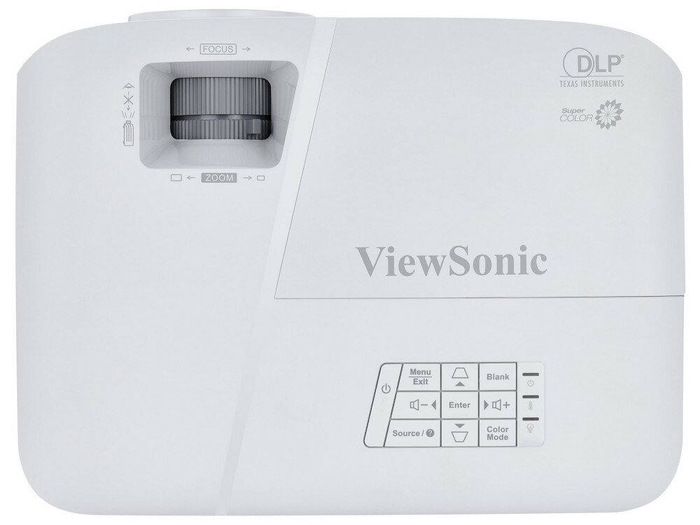 Projektor VIEWSONIC PA503S Biały obudowa z tworzywa sztucznego w białym kolorze przyciski do sterowania boczne ścianki perforowane opływowy kształt antypoślizgowe nóżki waga 2,2 kg