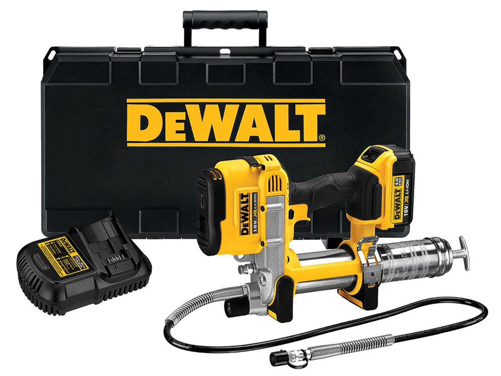 Smarownica akumulatorowa DEWALT DCGG571M1-QW zestaw akumulator ladowarka pas na ramie waz samarujacy zawor odpowietrzajacy filtr pompa filtrujaca walizka dokumentacja