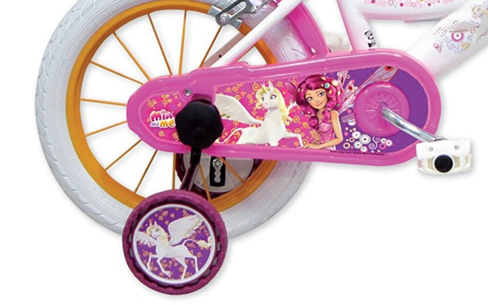 Rower dziecięcy DENVER Mia i Ja 16 cali dla dziewczynki osłona na łańcuch kolorowa w ulubionym wzorze boczne kółka
