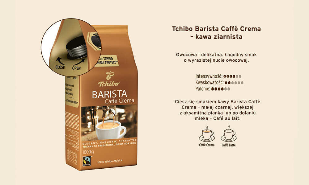 Kawa ziarnista TCHIBO Barista Cafe Crema 1kg korek do dozowania szczelne zamkniecie