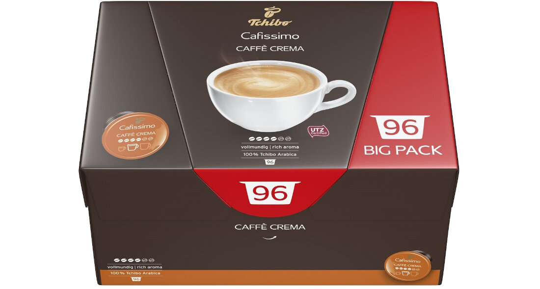Kapsułki TCHIBO Cafissimo Cafe Crema Vollmundig wygodne uzytkowanie funkcjonalne pudelko 96 pakowanych kapsulek zestaw kaw