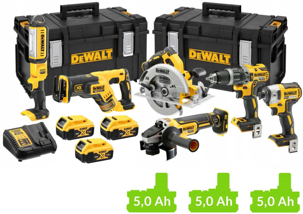 Zestaw elektronarzędzi DEWALT DCK623P3 w zestawie wiertarko-wkrętarka DCD796 zakrętarka udarowa DCF887 pilarka tarczowa DCS570 pilarka szablasta DCS367 szlifierka kątowa DCG405N  latarka DCL050 3 akumulatory ładowarka dwa kufry DS300 instrukcja obsługi w języku polskim karta gwarancyjna