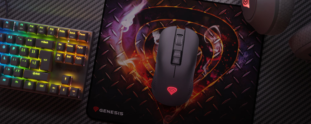 Genesis Zircon 330 sensorem optycznym dynamicznych przesunięć 30 cali na sekundę wielopoziomowej regulacji czułości (800 / 1600 / 2400 / 3600 DPI) - myszka na podkładce obok klawiatury