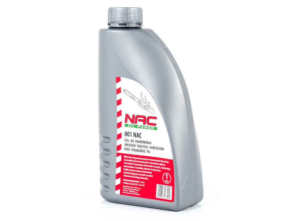 Olej NAC do prowadnic i łańcuchów (1 litr) rozpuszcza odkładające się substancje unikalna kompozycja detergentów i dyspergatorów wydłuża okres eksploatacji elementów tnących przedłuża żywotność urządzenia