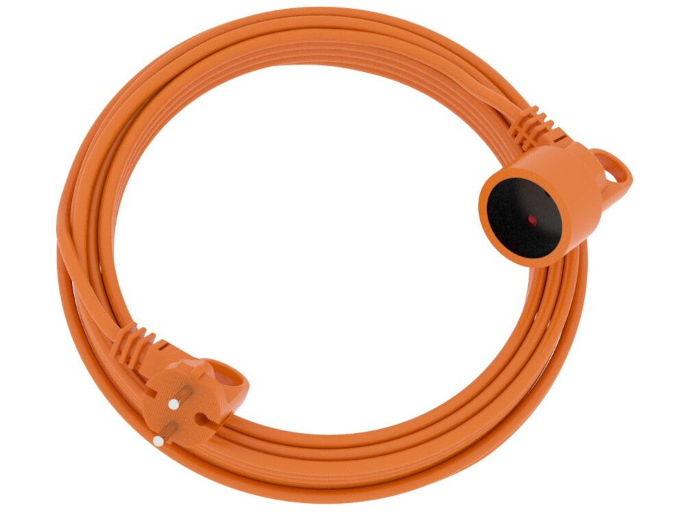 Przedłużacz ACAR M01805 (10 m) 10 metrów długości w kolorze pomarańczowym nie posiada uziemienia przewody H05VV-F izolacja wtyczka i gniazdo sieciowe ergonomiczny uchwyt w postaci ucha przesłony ochronne blokadę gniazd CHILD PROTECT