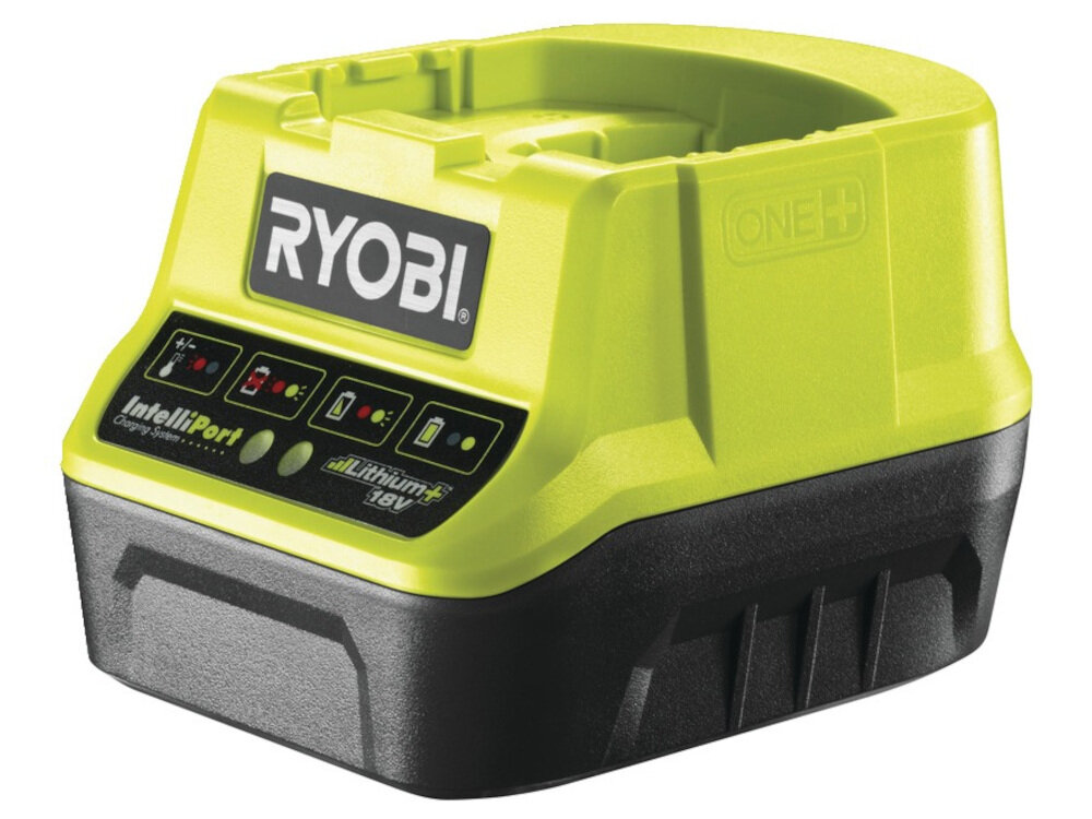 Ładowarka RYOBI ONE+ RC18120 czas ładowania baterii o pojemności 1,5 Ah około godziny wskaźniki diodowe inteligentny system monitoringu analizuje napięcie i temperaturę maksymalna trwałość wskaźnik gotowości do pracy akumulator zostanie naładowany do 80%