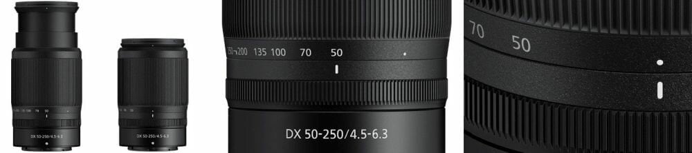 Obiektyw NIKON Nikkor Z DX 50-250 mm f-4.5-6.3 VR  ogniskowa przysłona ostrość pierścienie optyka soczewki powłoki montaż bagnet światło jasność zoom filtry waga
