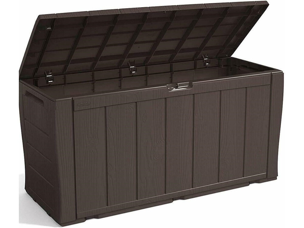 Skrzynia ogrodowa KETER Sherwood Storage Box 270 L Antracyt niewielki rozmiar 117 x 57,5 x 45 cm pojemność do 270 litrów mechanizm ułatwiający otwieranie pokrywy