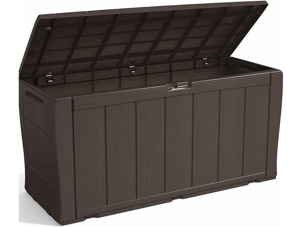 Skrzynia ogrodowa KETER Sherwood Storage Box 270 L Brązowy niewielki rozmiar 117 x 57,5 x 45 cm pojemność do 270 litrów mechanizm ułatwiający otwieranie pokrywy