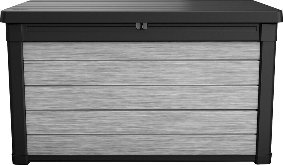 Skrzynia ogrodowa KETER Denali Duo Tech Deck Box 570L Czarno-szary z wysokiej jakości materiału EVOTECH imituje naturalne drewno w stylu rustykalnym nie wymaga konserwacji system JUST CLICK AND GO montaż na zatrzaski