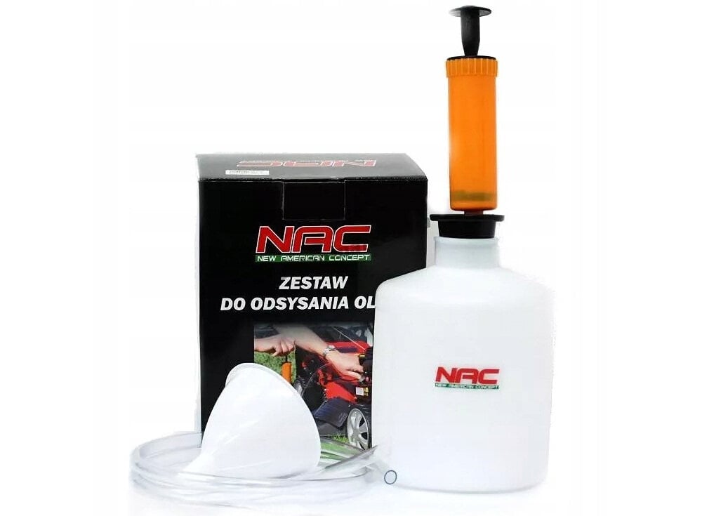 Odsysarka NAC KXOE-005 do łatwej i szybkiej wymiany oleju w kosiarkach spalinowych do ściągania paliwa ze zbiornika nie wymaga dodatkowego źródła zasilania ręczna pompka wężyk ssący