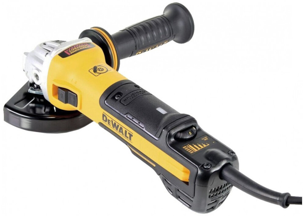 Szlifierka kątowa DEWALT DWE4369 elektryczny hamulec elektroniczne sprzęgło zabezpieczenie przed odrzutem włącznik suwakowy system Antyrestart