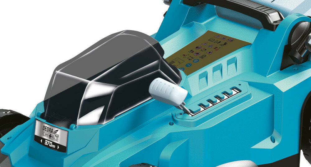 Kosiarka akumulatorowa DEDRA DED7199 wydajny intuicyjny silnik bezszczotkowy dwa akumulatory napięciu maksymalnej prędkości obrotowej cicha praca bezawaryjność akumulator pod przeźroczystą osłoną z tworzywa sztucznego na korpusie