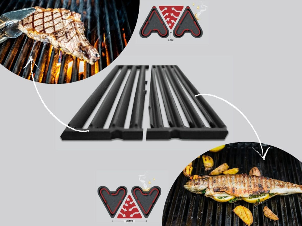 Grill gazowy BROIL KING Royal 320 8.8 kW 55 x 36.5 / 50 x 22.5 cm Głęboki aromat w każdym kęsie dwustronne ruszty żeliwne wymiary wygoda komfort Stożkowa strona soczyste w środku na zewnątrz zyskuje chrupiącą skórkę  W rynienkach gromadzą się tłuszcz oraz soki potrawy aromat