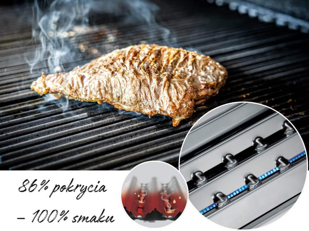 Grill gazowy BROIL KING Royal 320 8.8 kW 55 x 36.5 / 50 x 22.5 cm Dym, który wzbogaca smak aromatyzery Flav-R-Wave™ intensywny, głęboki smak i aromat dań  Chronią również palniki Grilluj swobodnie i ciesz się smakiem