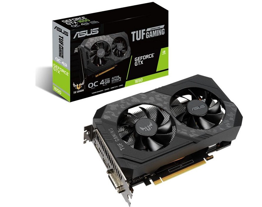 Karta graficzna ASUS TUF GeForce GTX 1650 Gaming OC 4GB - wygląd ogólny opakowanie wydajna karta graficzna solidność wytrzymały system chłodzenia