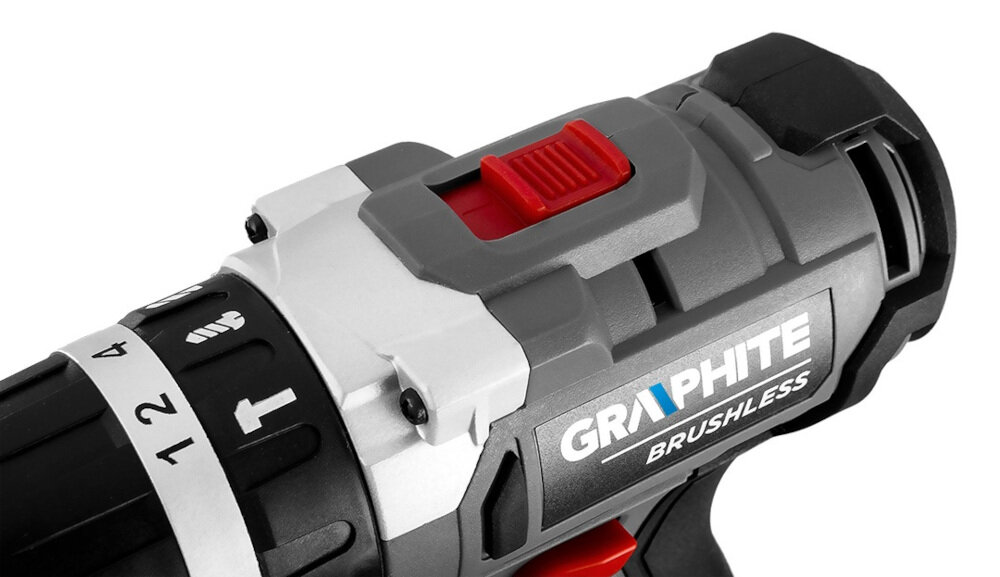 Wiertarko-wkrętarka GRAPHITE 58G019-SET1 Energy+ dwa biegi pierwszy praca w zakresie od 0 do 500 obr./min drugi od 0 do 1700 obr./min wkręcanie na miękkiej powierzchni do 38 Nm wkręcanie w twardą powierzchnię do 58 Nm