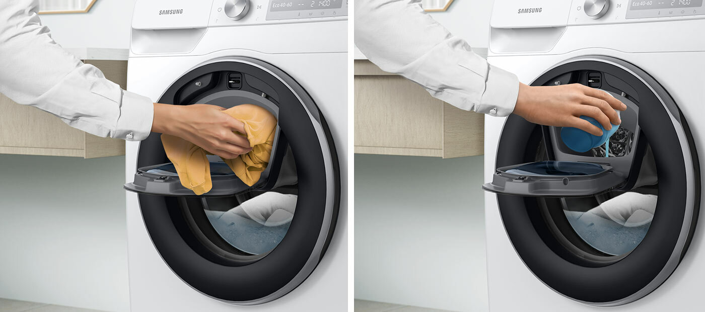 Dodatkowe drzwi umożliwiają dołożenia ubrań w trakcie prania 