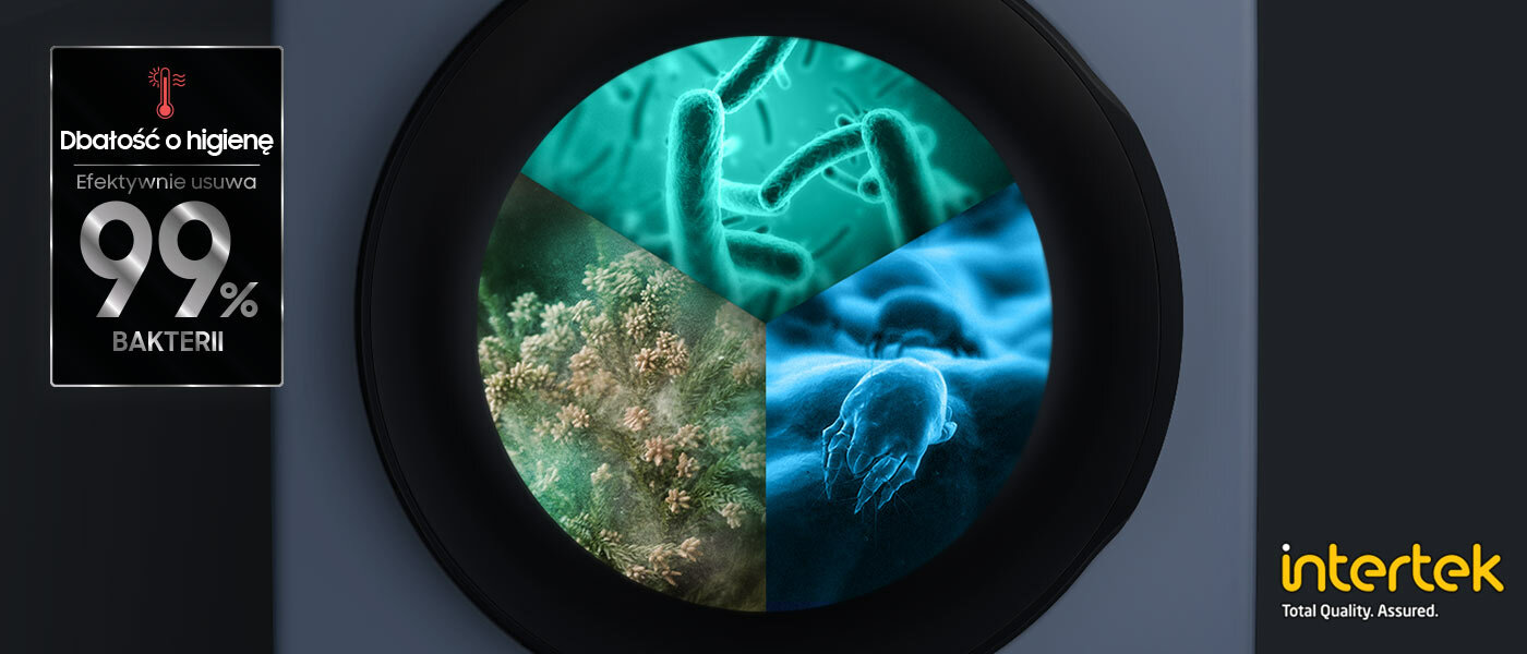 Bakterie, roztocza i alergeny pokazane w mikroskopowym przybliżeniu w bębnie pralki