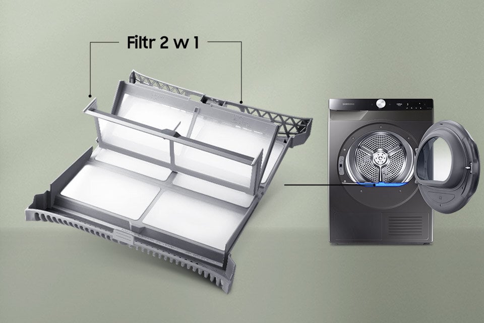 Filtr 2 w 1 wyłapuje kurz i włókna tkanin w suszarce Samsung DV90T8240SX