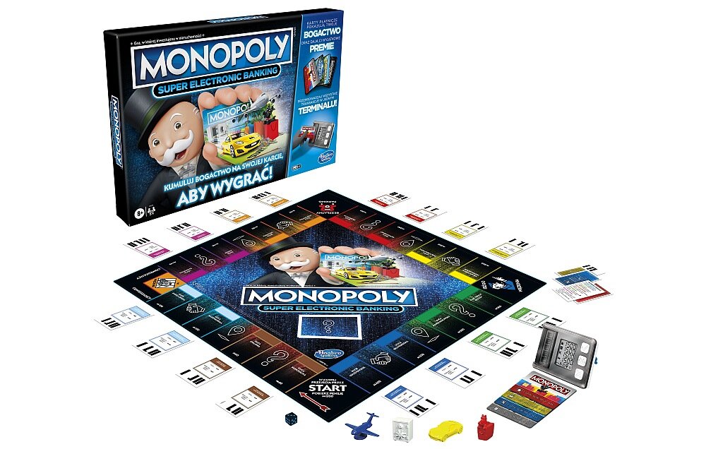 Gra planszowa HASBRO Monopoly Super Electronic Banking  elementy zabawa plansza reguły zawartość 
