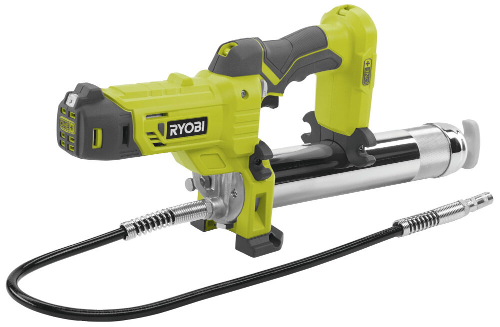 Smarownica RYOBI R18GG-0 zasilana przez akumulator litowo-jonowy o napięciu 18 V z serii RYOBI ONE+ model bez akumulatora i ładowarki.