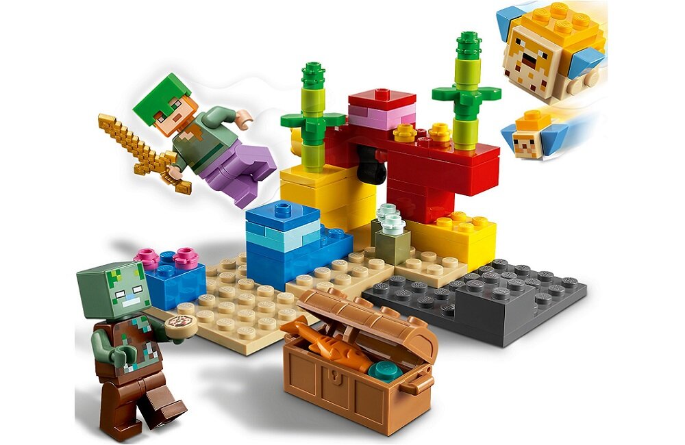 LEGO Minecraft Rafa koralowa 21164 Pełen kreatywnych elementów znanych z gry Minecraft poszukiwanie skarbu Zabawka składa się z 92 elementów