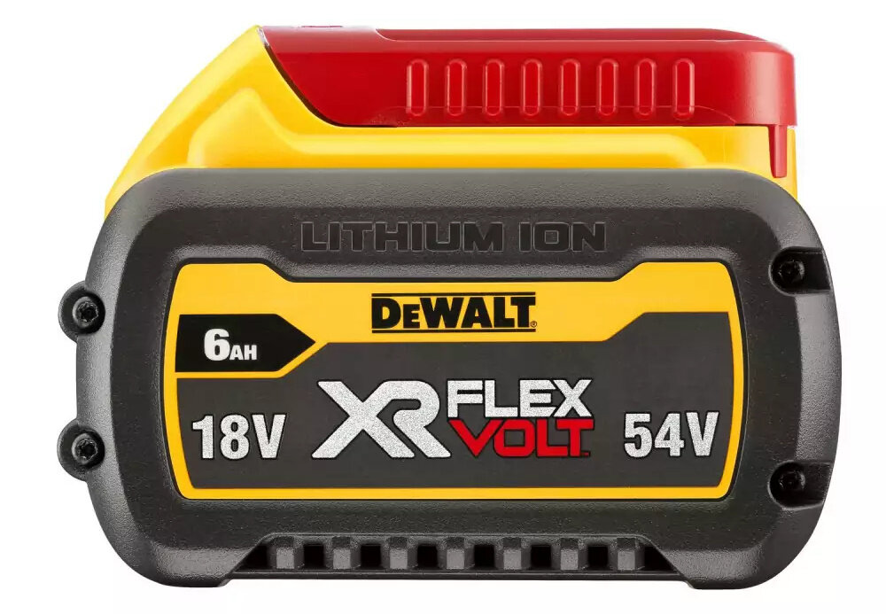 Szlifierka kątowa DEWALT DCG418T2 akumulator na białym tle akumulator 18 V XR pojemność 6.0 Ah z technologią FLEXVOLT ADVANTAGE duża wydajność pracy inteligentny moduł elektroniczny rozpoznaje podłączenie akumulatora XR FLEXVOLT 54 V procesor z zaawansowanym oprogramowaniem w zestawie dwa akumulatory i ładowarka