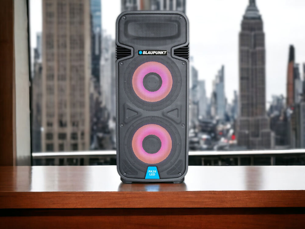 Power audio BLAUPUNKT PA20LED funkcja karaoke, dołączony mikrofon, oświetlenie led, sterowanie na urządzeniu lub pilotem