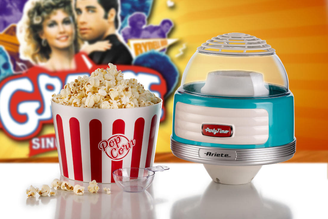 Maszyna do popcornu ARIETE 2957/01 Party Time przekąska styl retro technologia prażenia gorącym powietrzem chrupiący popcorn przygotowywanie czas