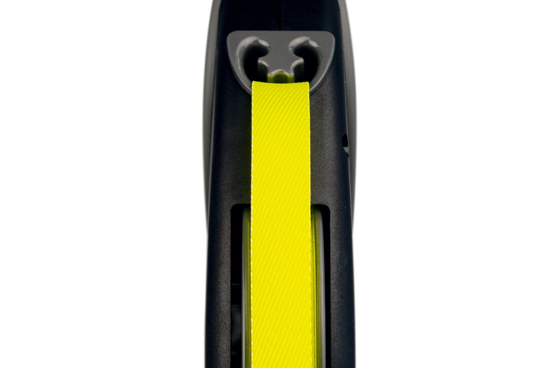 Smycz FLEXI Giant Neon XL (8 m - 75 kg) Czarno-żółty Wytrzymała konstrukcja cicha praca mechanizmu wysoka jakość materiał wytrzymały sprężynowy mechanizm płynne zwijanie rozwijanie taśmy komfort użytkowania