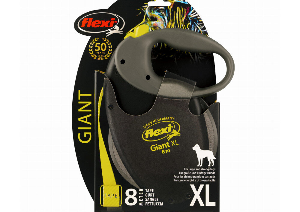 Smycz FLEXI Giant Neon XL (8 m - 75 kg) Czarno-żółty Długa taśma system hamowania system hamowania i blokowania kontrola