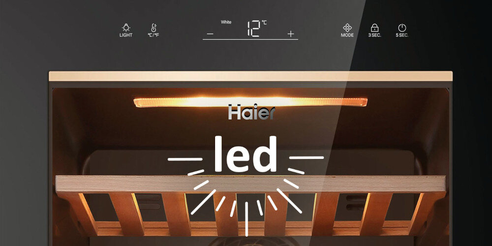 CHŁODZIARKA DO WINA HAIER HWS84GA ikona Oświetlenie LED ciepłe punktowe diody górne boczne podkreślenie ekspozycji bez emitacji ciepła stała temperatura
