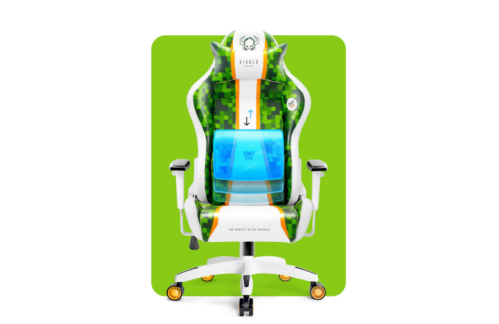 Fotel DIABLO X-ONE Craft (KIDS) Biało-zielony podstawy oparcie zaglowek ergonomia poduszka ledzwiowa