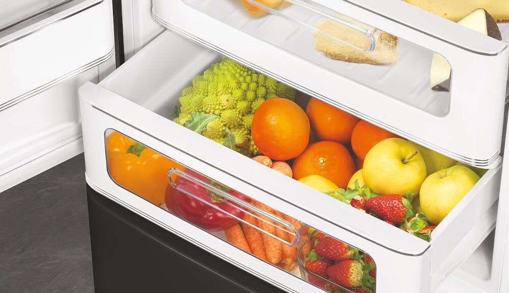 SMEG FAB32LBL5 szuflady lodówka organizacja wysuwane ślizgowe prowadnice szkło przechowywanie owoce warzywa