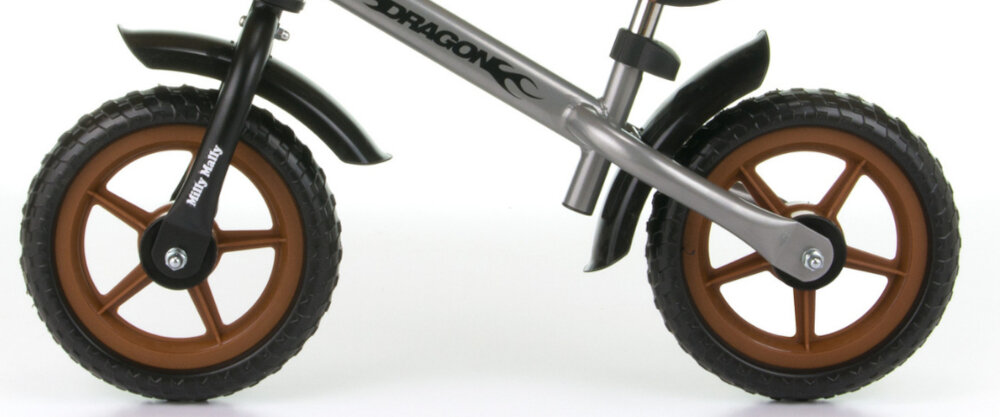 Rowerek biegowy MILLY MALLY Dragon Classic Szaro-brązowy szerokie rozstawienie kółek koła 10-calowe piankowe rower spełnia europejskie normy bezpieczeństwa