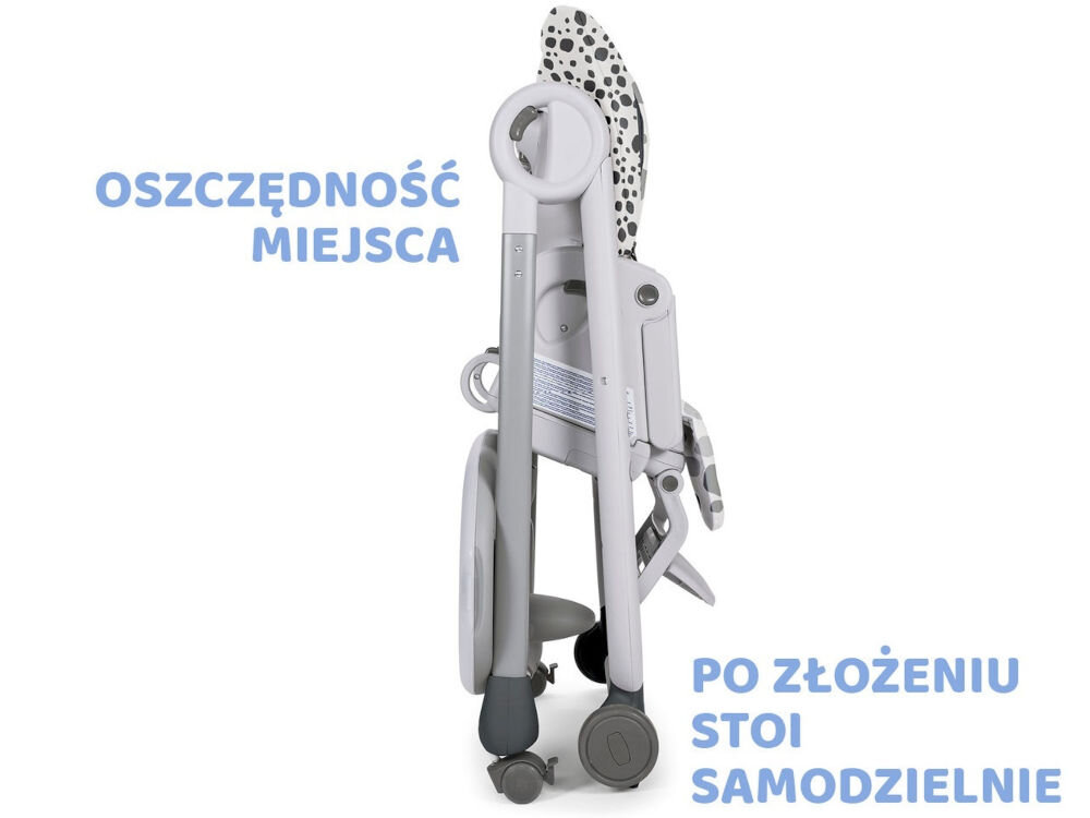 Krzesełko do karmienia CHICCO Polly Progres5 Szary duża tacka z nakładką regulowanie cztery pozycje tacka przestronna łatwe utrzymanie czystości bezproblemowe zdjęcie nakładki mycie w zmywarce zaczepienie tacki minimalne ilość miejsca po złożeniu łatwe przechowwanie 
