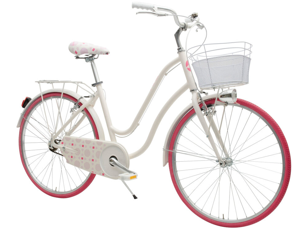 Rower miejski z koszykiem MBM 910 Mima 1B 26 cali damski Różowy różowy kolor oświetlenie na tył i przód osłona łańcucha bagażnik