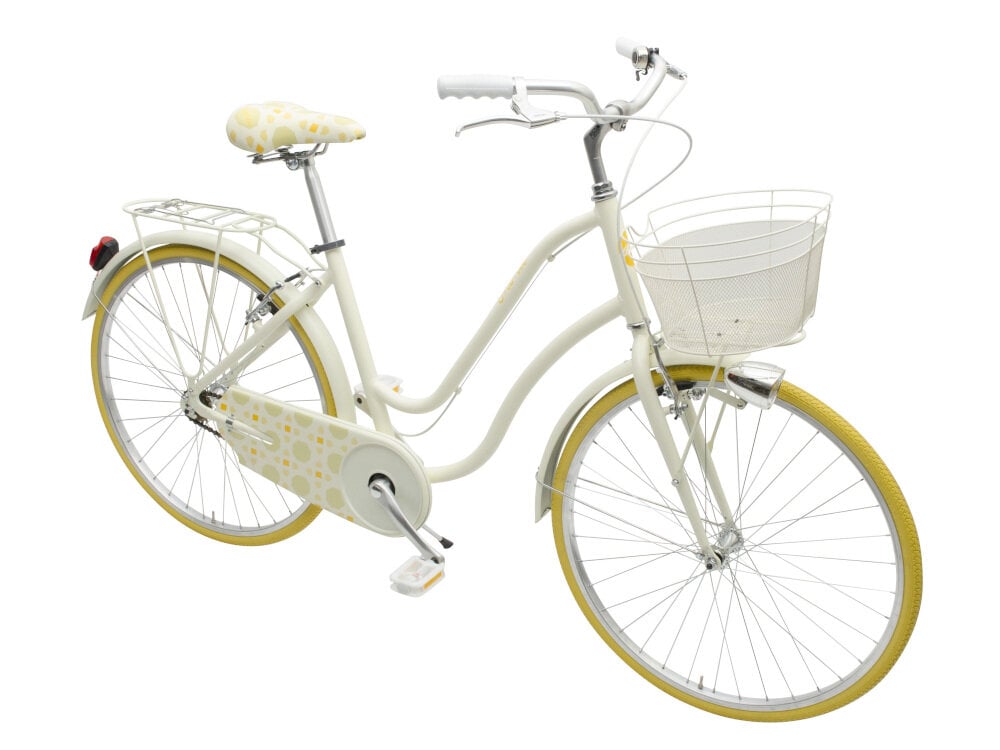 Rower miejski z koszykiem MBM 910 Mima 1B 26 cali damski Żółty żółty kolor oświetlenie na tył i przód osłona łańcucha bagażnik