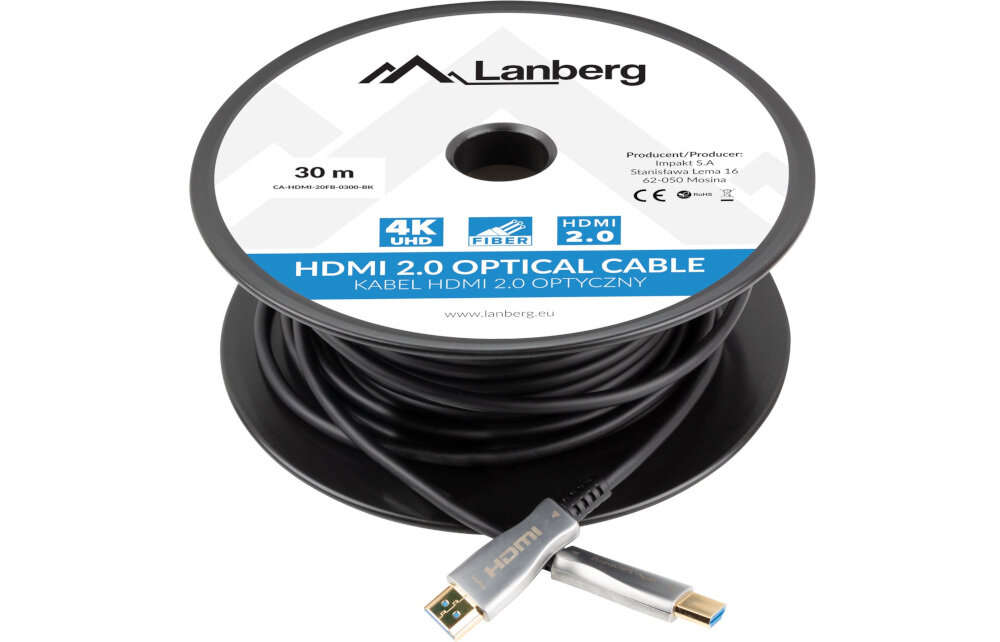 Kabel HDMI - HDMI LANBERG 40 m - Wysoka jakość wykonania, Pozłacane styki, Oplot z tworzywa sztucznego