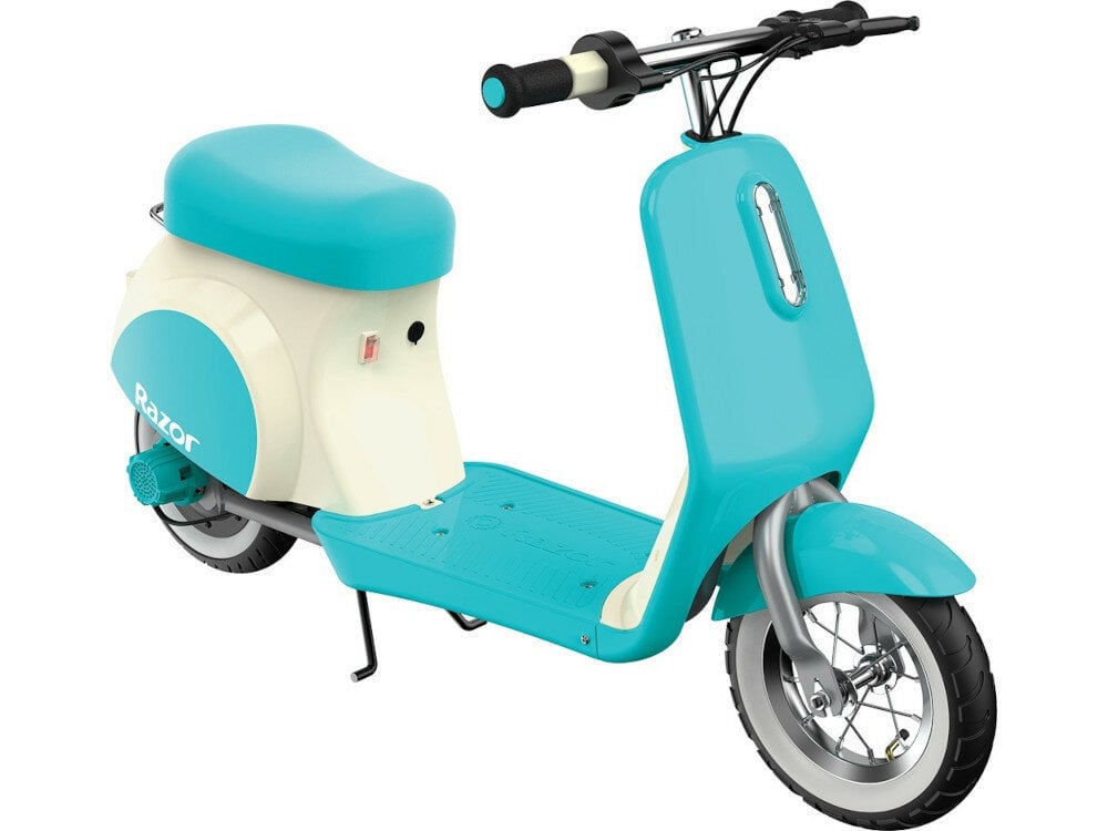 Motorek elektryczny dla dzieci RAZOR Dirt Pocket Mod Petite w stylu europejskim dla dzieci od 7 lat wadze do 50 kg retro design niebieski cukierkowy kolor