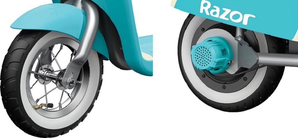 Motorek elektryczny dla dzieci RAZOR Dirt Pocket Mod Petite koła 10-calowe przednie koło szprychowe tylna opona pneumatyczna biała opona ścienna