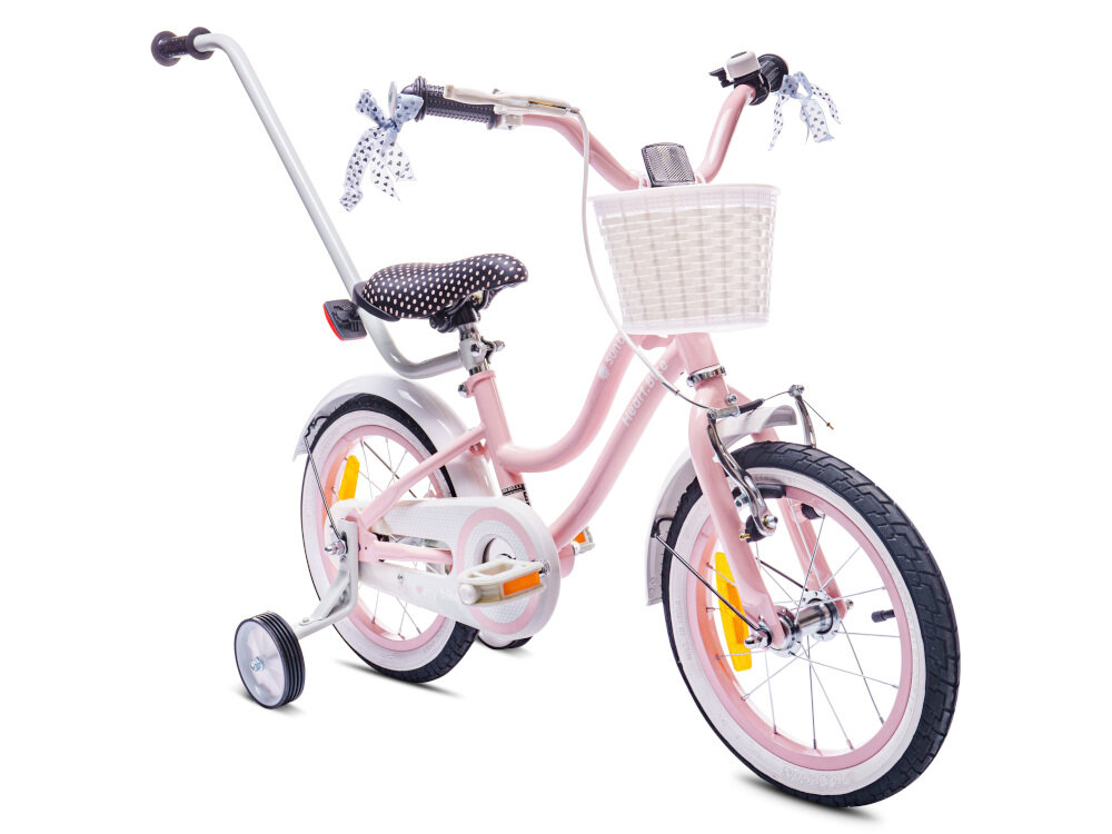 Rower dziecięcy SUN BABY Heart Bike 16 cali dla dziewczynki Różowy pięknie wykończony dopracowany od strony technicznej i wzorniczej dla dziewczynek liczne elementy poprawiające komfort osłona łańcucha odkręcane kółka boczne błotniki w różowym kolorze